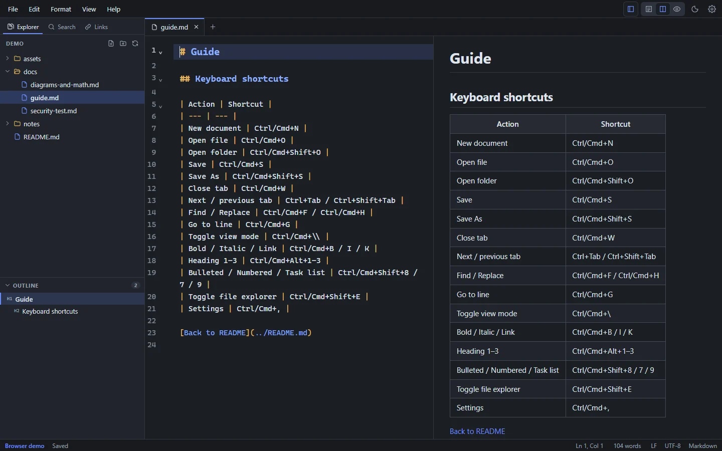 Markpion in the dark theme, with the Explorer listing folders and Markdown files, a document open in the editor, and its preview
