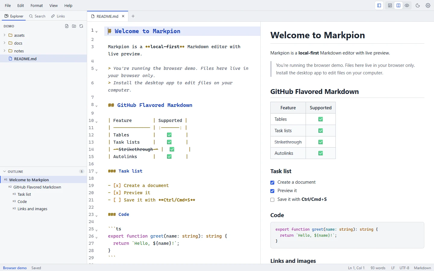 Markpion with the file explorer and outline on the left, a Markdown file in the editor in the middle, and its rendered preview with a table and task list on the right