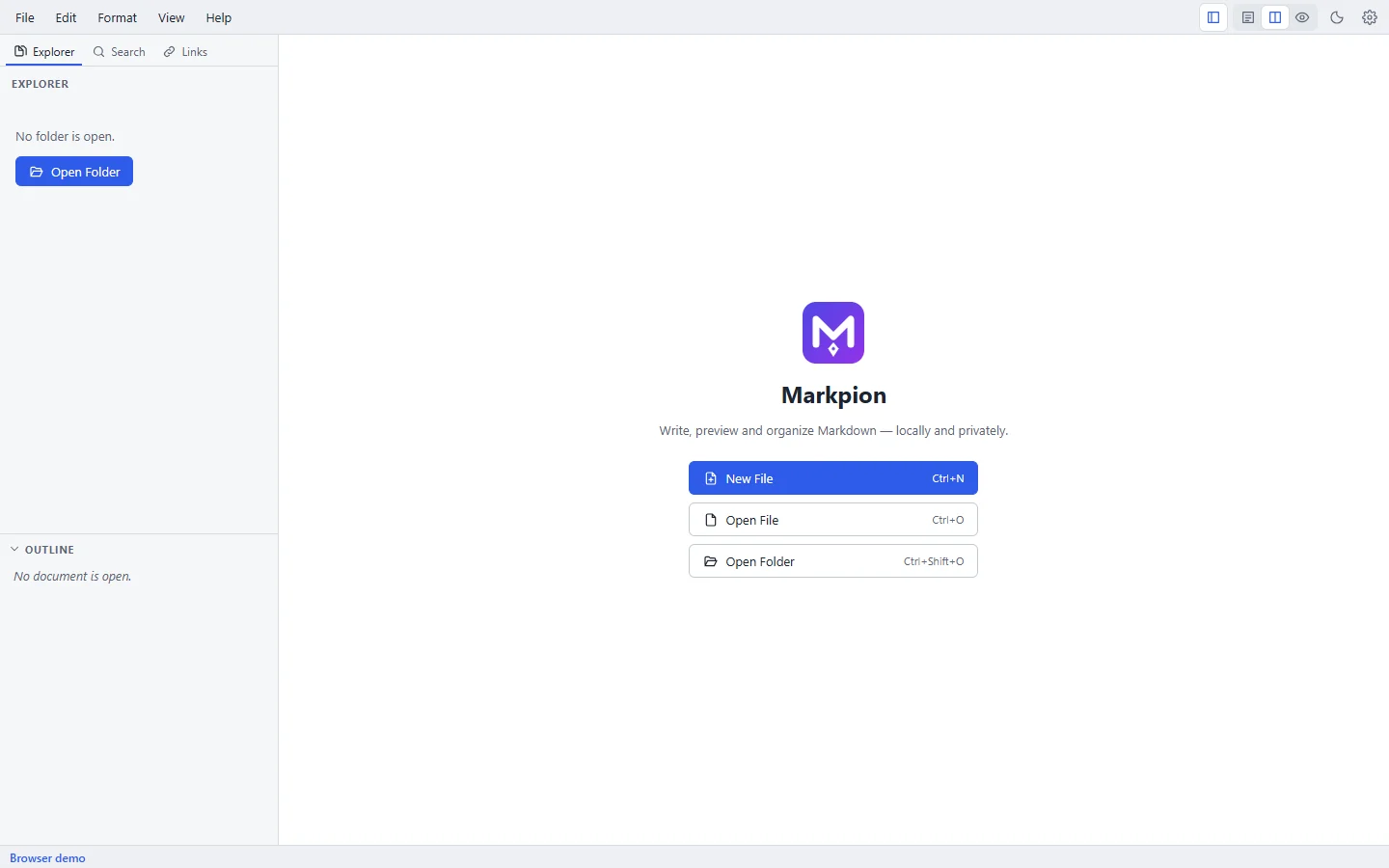 The Markpion welcome screen with buttons for New File, Open File and Open Folder