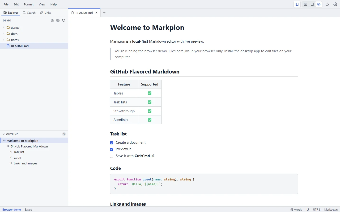 Preview-only view of a Markdown document showing headings, a table with check marks, a task list and a code block
