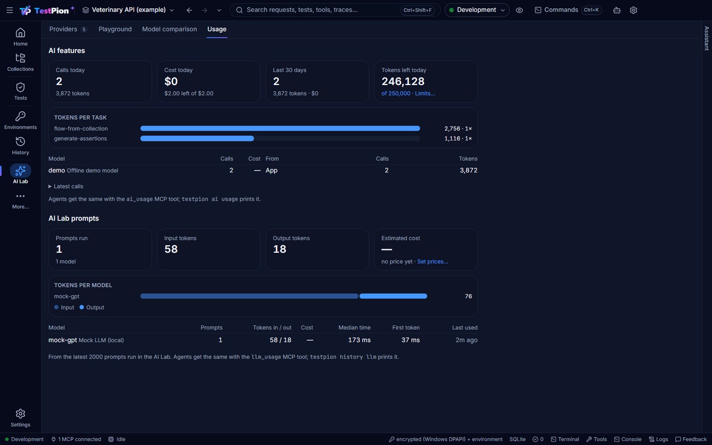 AI Lab, Usage: the AI features section with calls today, cost today, the last 30 days and tokens left today, tokens per task, the models and the surfaces the calls came from