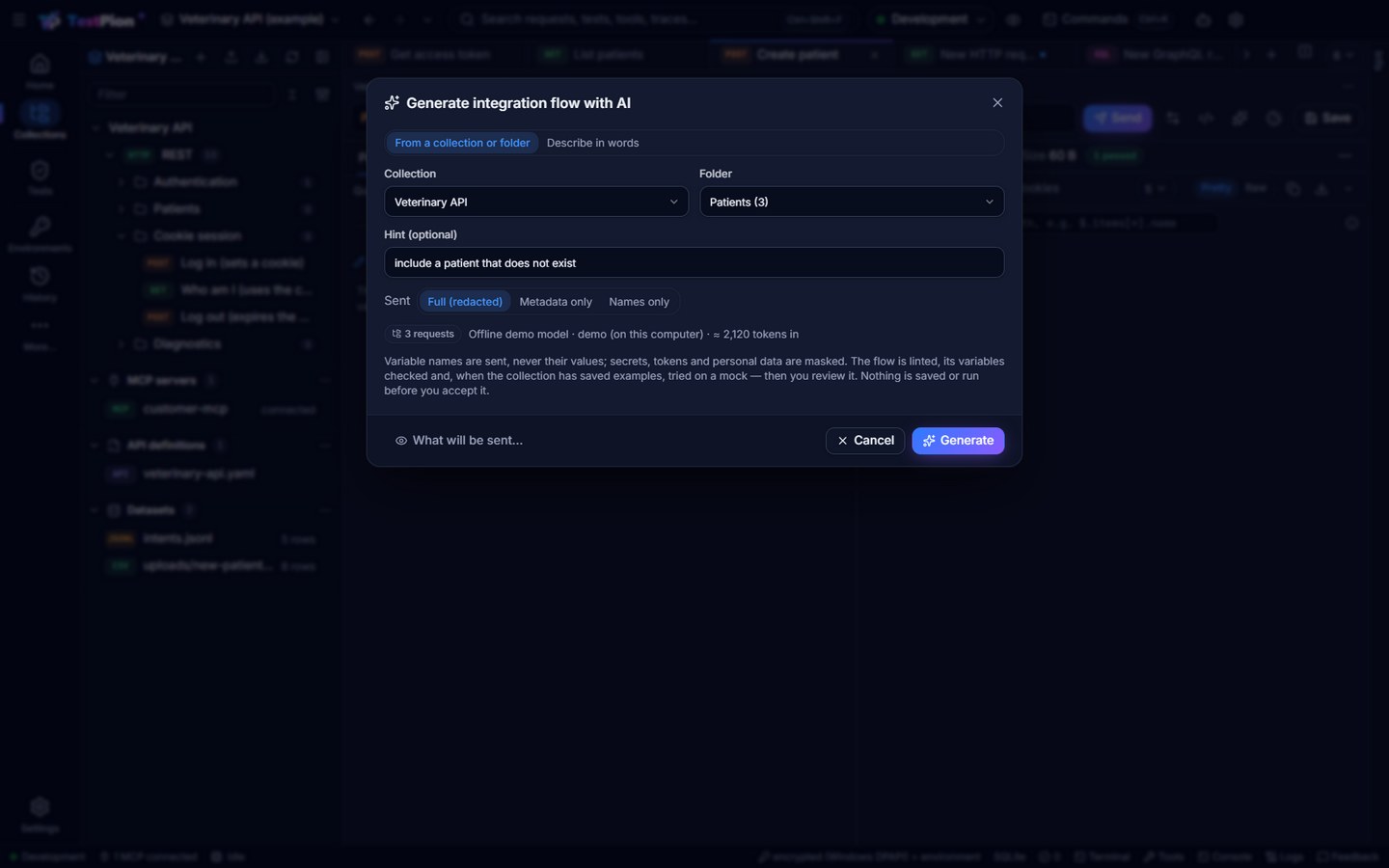 Generate integration flow with AI: From a collection or folder, the Veterinary API collection and its Patients folder (3 requests), a hint, the privacy level Full (redacted), the model and its token estimate, What will be sent and Generate