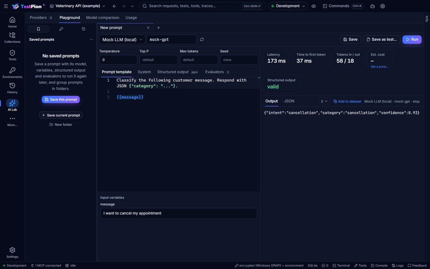 The AI Lab playground with a prompt template, streamed JSON output, latency, time to first token and token counts