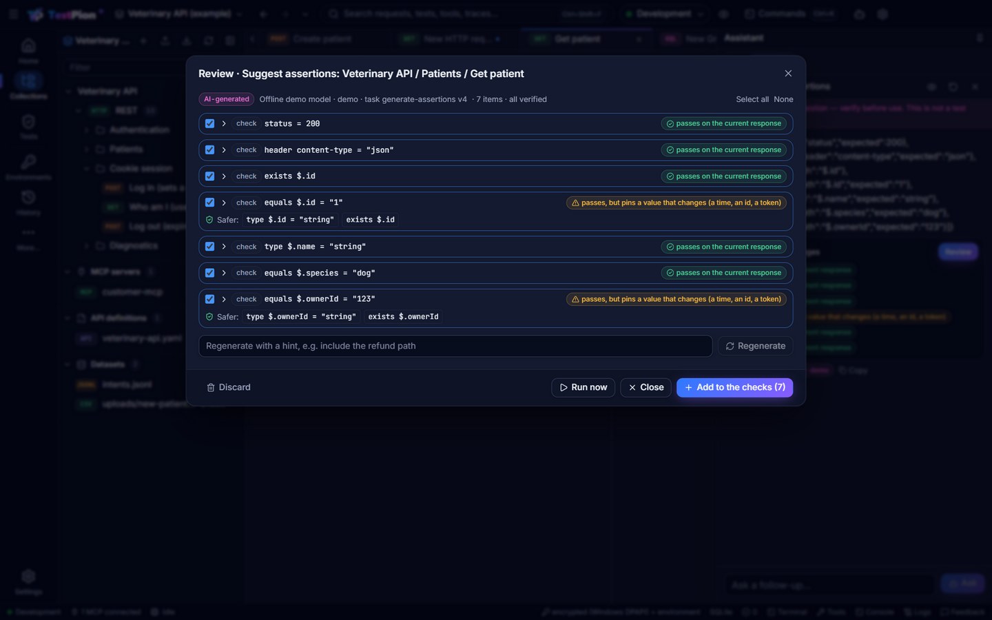 Review of the assertions suggested for Get patient: each check passes on the current response; the ones pinning the id and the owner id are flagged as values that change, with Safer forms; Run now and Add to the checks
