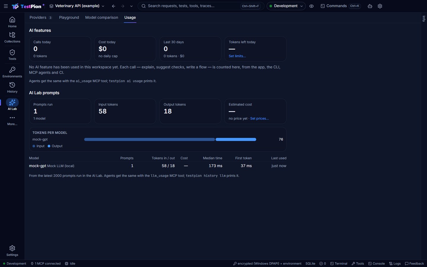 The AI Lab Usage tab: the AI features section (no AI feature used yet in this workspace), then the AI Lab prompts: prompts run, input and output tokens, estimated cost, tokens per model and a table with median time and time to first token