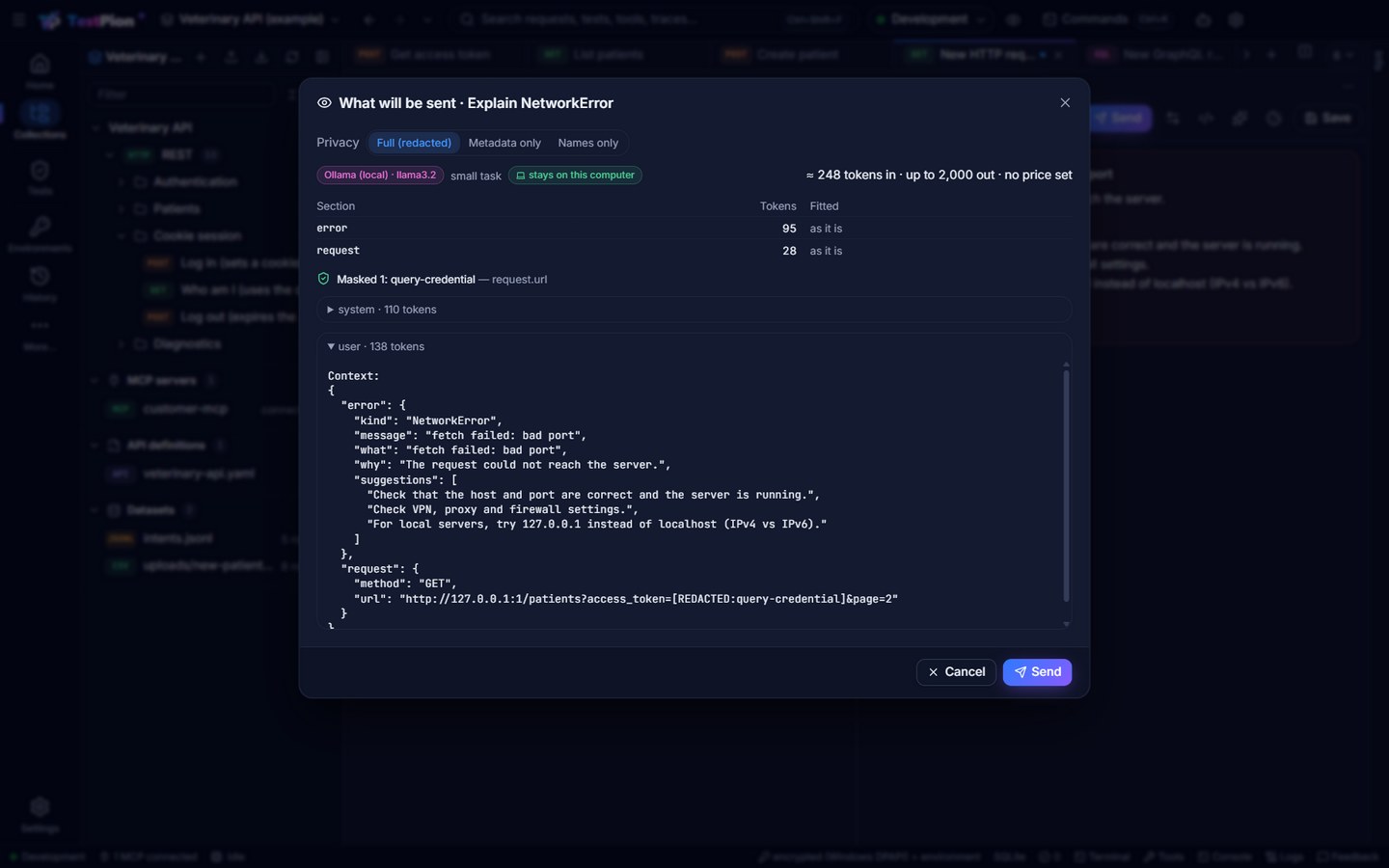 What will be sent for Explain NetworkError: the local Ollama model for a small task, stays on this computer, the token estimate, the error and request sections, one value masked (query-credential), and the exact system and user messages with the access token replaced