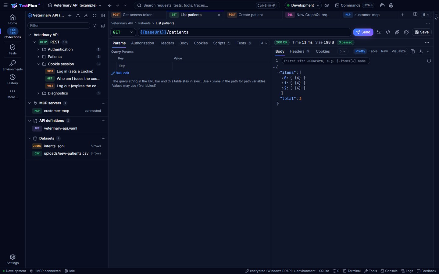 The request editor in compact density: List patients with its response as a JSON tree, smaller spacing, fields and rows than the comfortable default