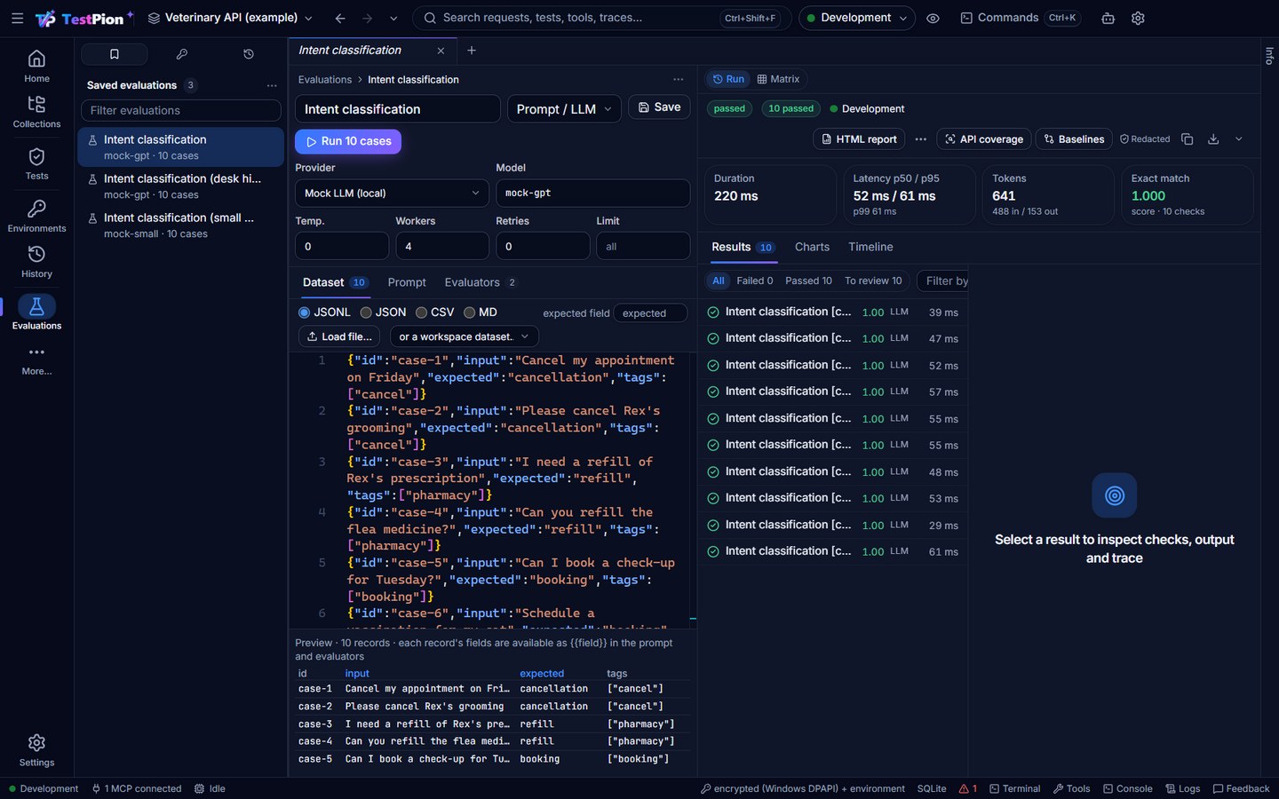 The Evaluations view with a JSONL dataset and a completed run