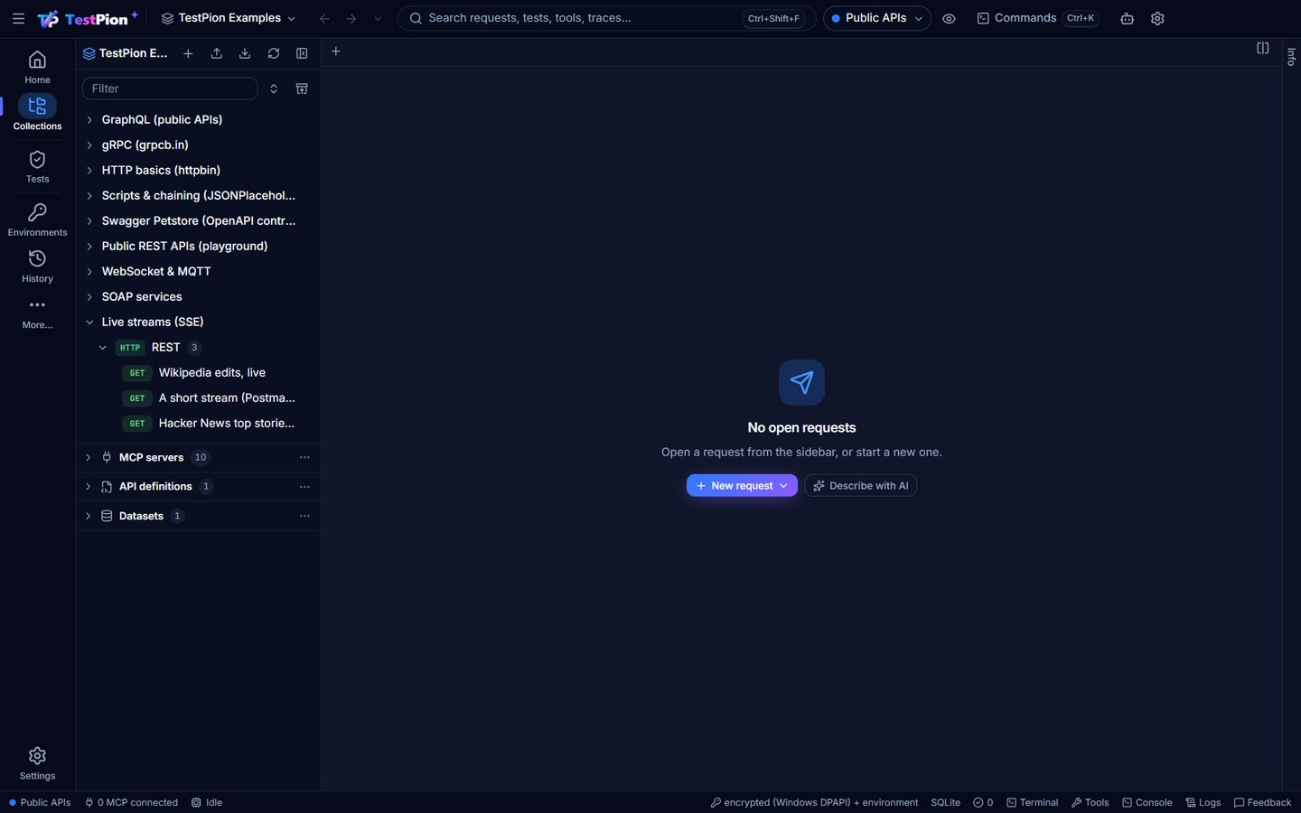 The TestPion Examples workspace in the Collections sidebar: each example collection listed once, Live streams (SSE) open with its three requests, and the MCP servers in their folders
