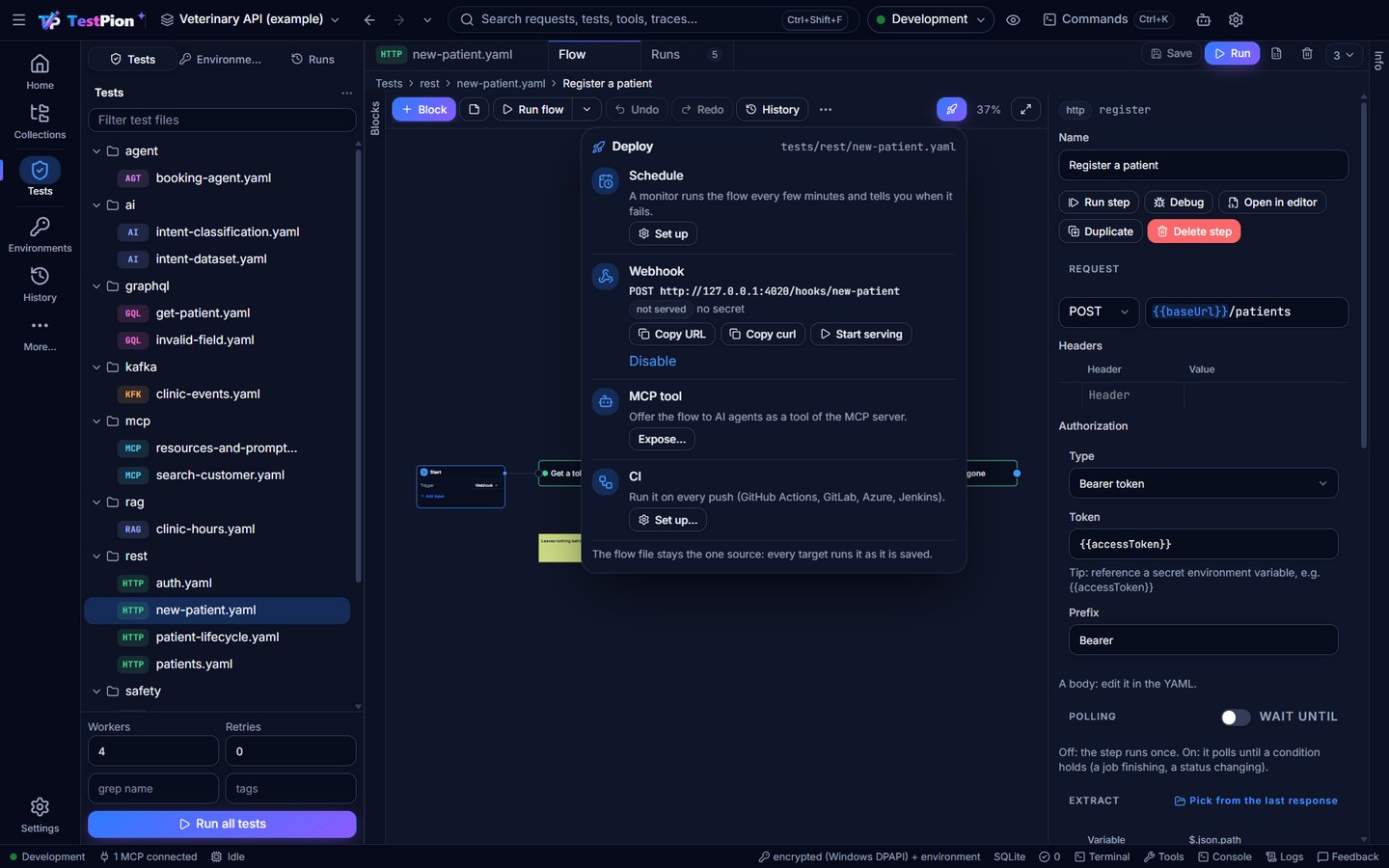 The Deploy panel of the flow designer: Schedule, the flow's webhook URL with Copy URL, Copy curl and Start serving, Expose as an MCP tool, and CI