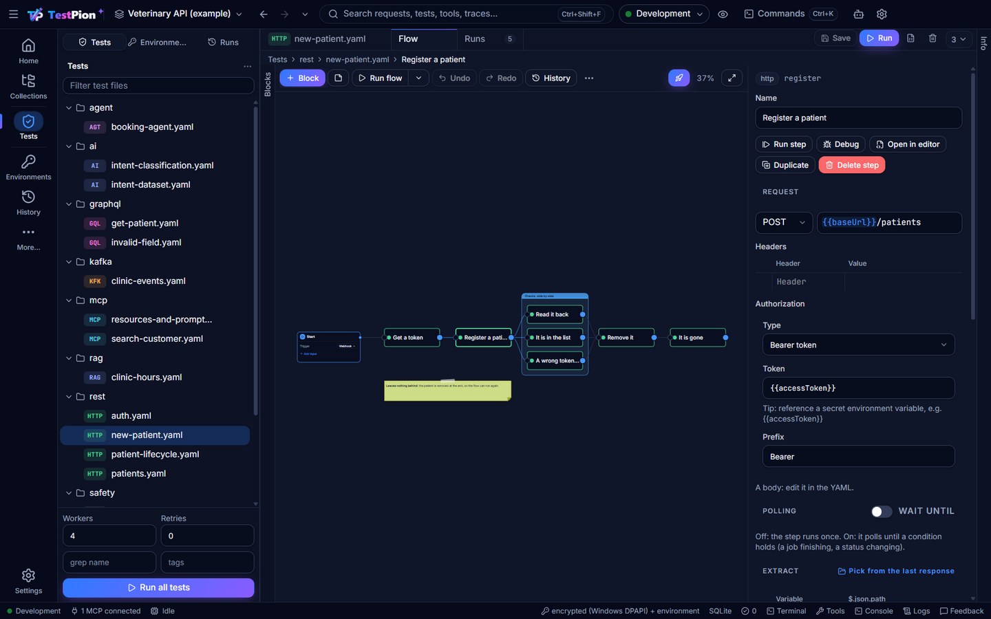 The flow designer: a webhook-started flow from a token to a patient's removal, three checks side by side in a frame, a sticky note, every step passed, and the inspector of the selected step
