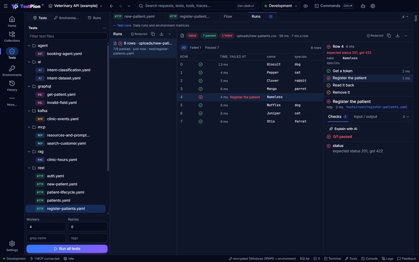 A data run of a flow over eight patients from a CSV: seven rows passed, the row without a species failed at its register step, and its steps and failing check opened