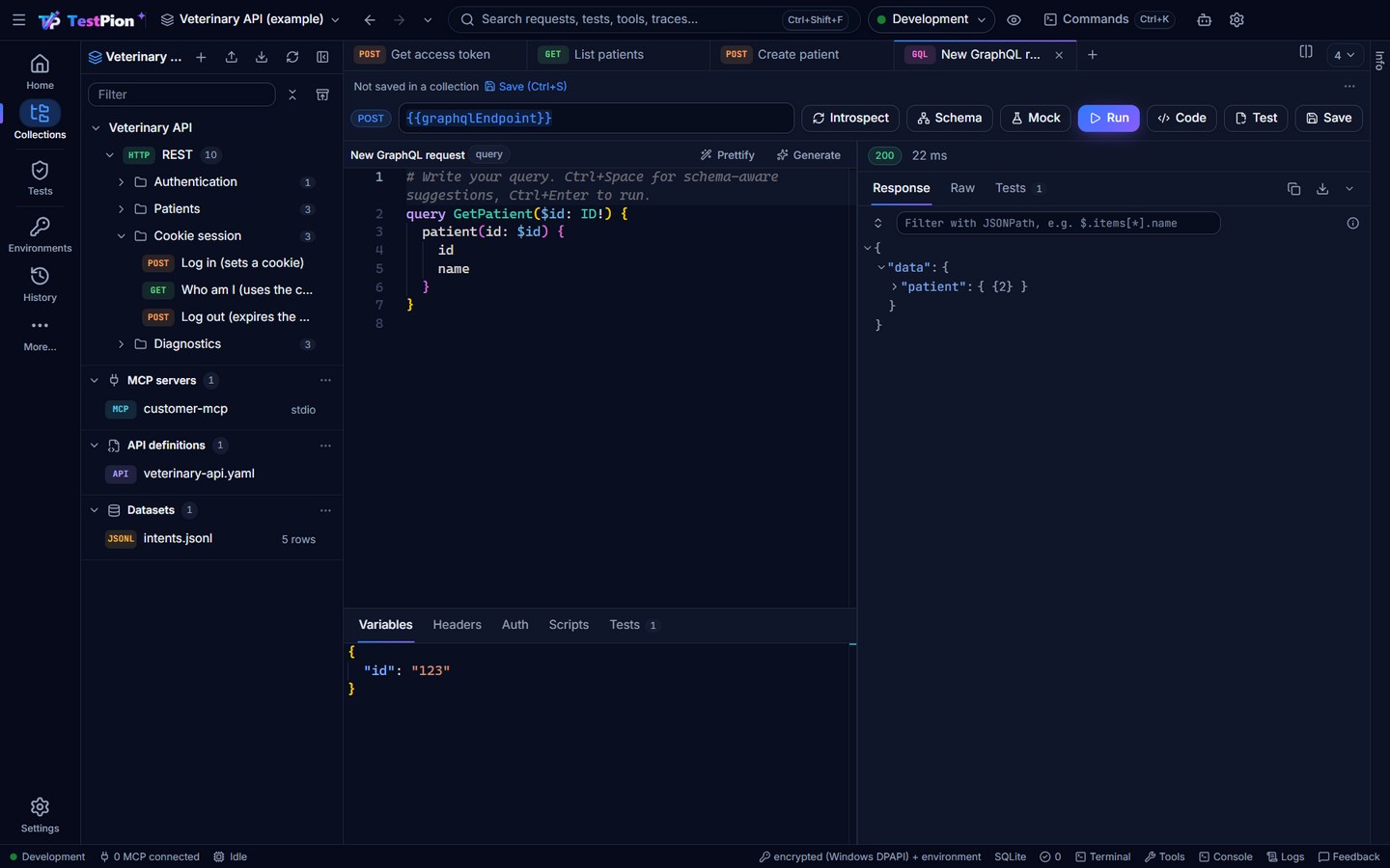 The GraphQL view with the schema explorer, a query in the editor and the response