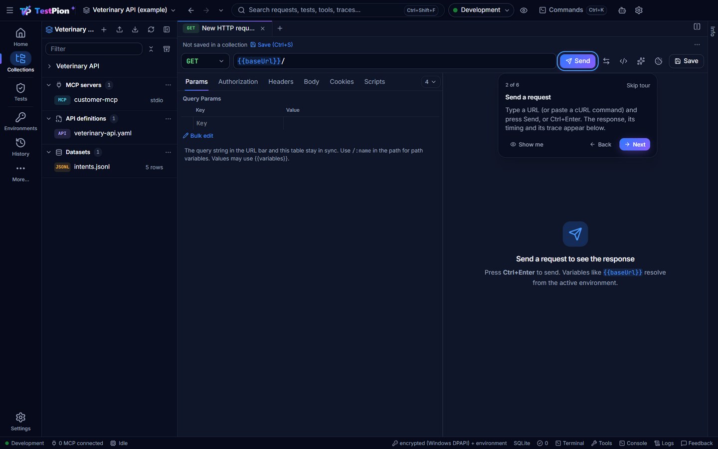 The guided tour's second step, Send a request: a card beside the Send button of a new request, which is ringed, with Show me, Back, Next and Skip tour