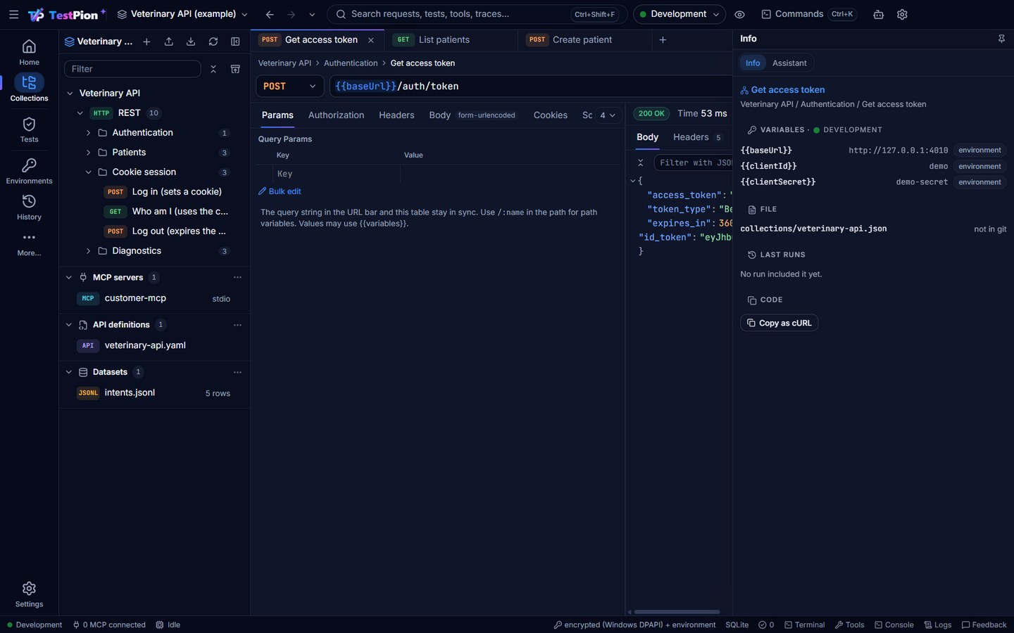 The Info panel beside the Get access token request: the variables it uses with their values from the Development environment, the collection file that holds it, the runs that included it and Copy as cURL