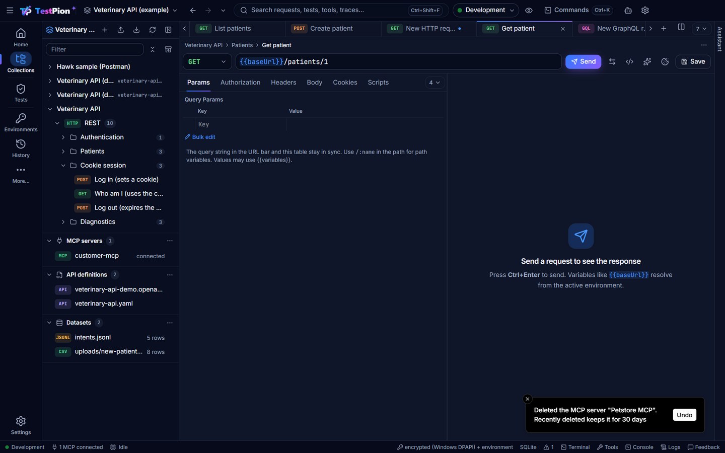 The Petstore MCP server deleted from the Collections sidebar: the message Deleted the MCP server Petstore MCP, Recently deleted keeps it for 30 days, with Undo