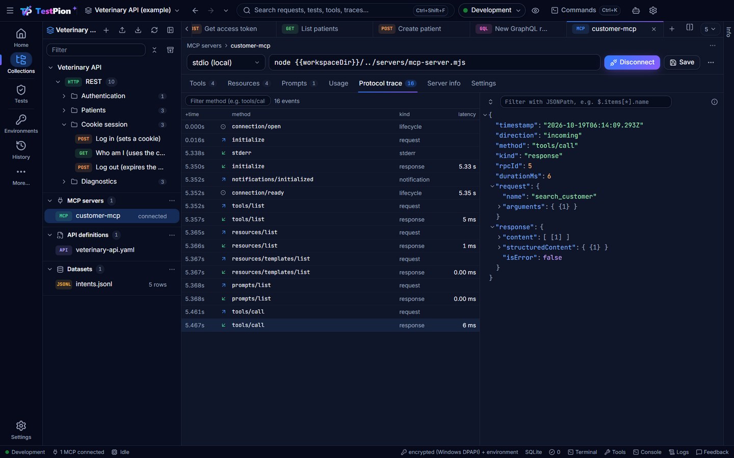 The MCP protocol trace listing initialize, tools/list and tools/call messages with latencies