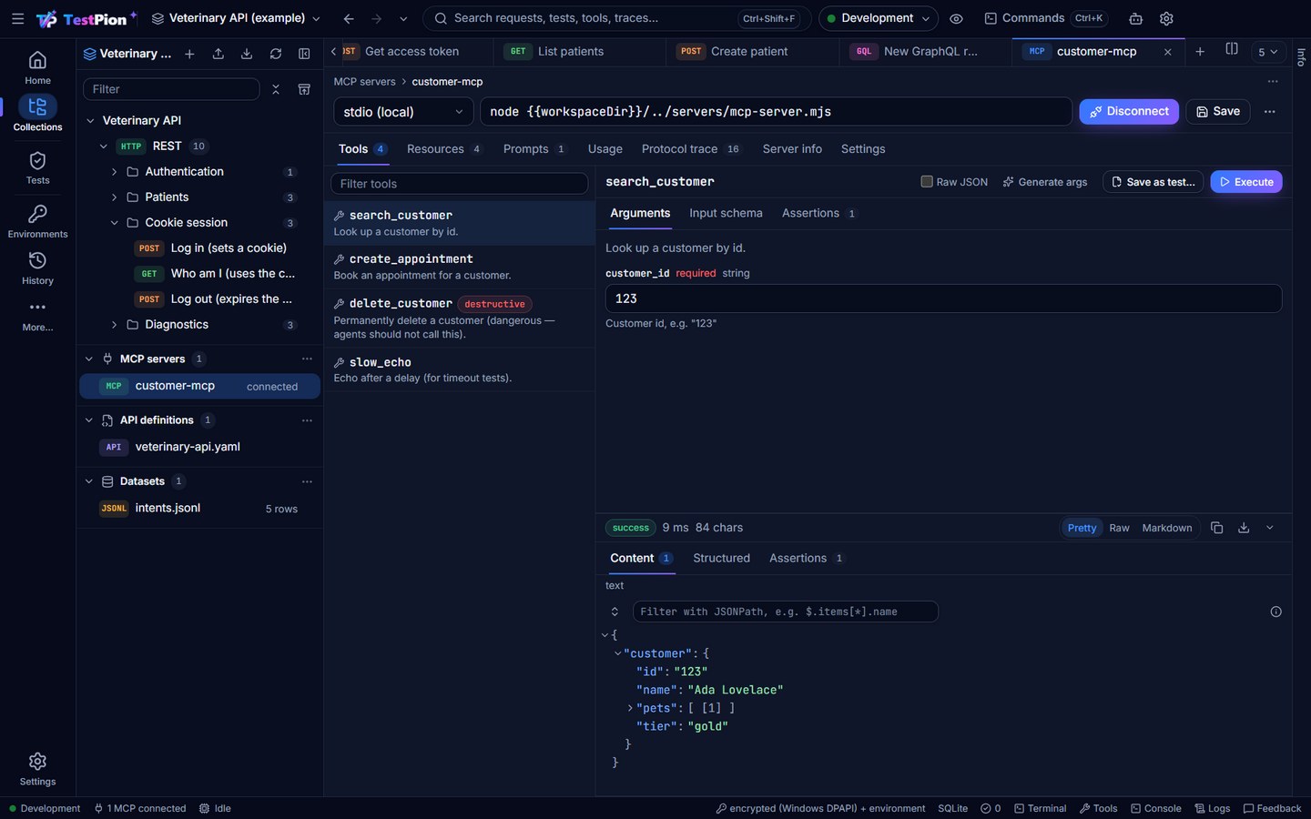 The MCP inspector connected to a stdio server, running the search_customer tool from a form generated from its JSON Schema