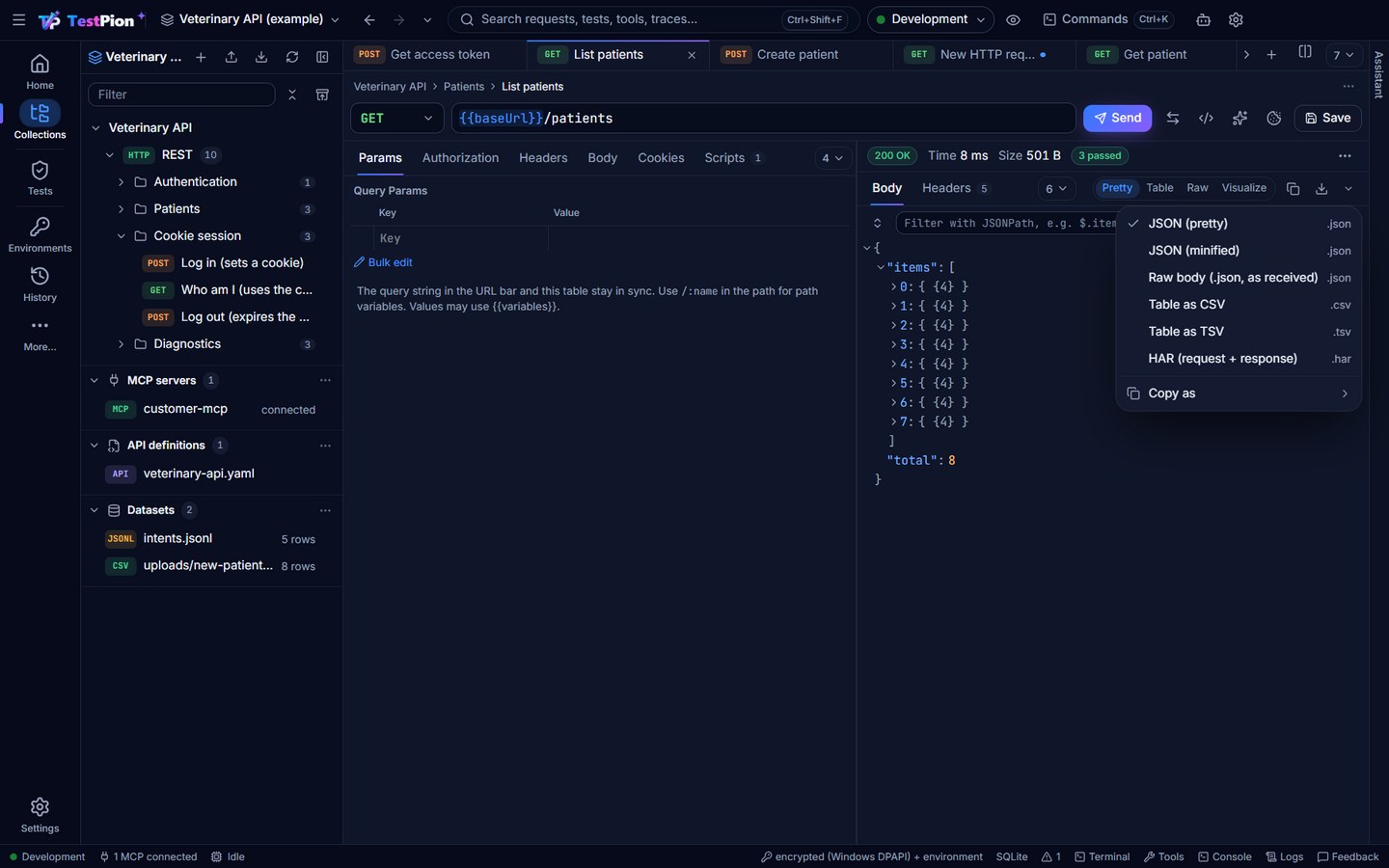 A REST response's Body tab: at the right end of its tab bar, Copy, the down arrow and the open ▾ menu with JSON (pretty), JSON (minified), Raw body, Table as CSV, Table as TSV and HAR, each with its file extension