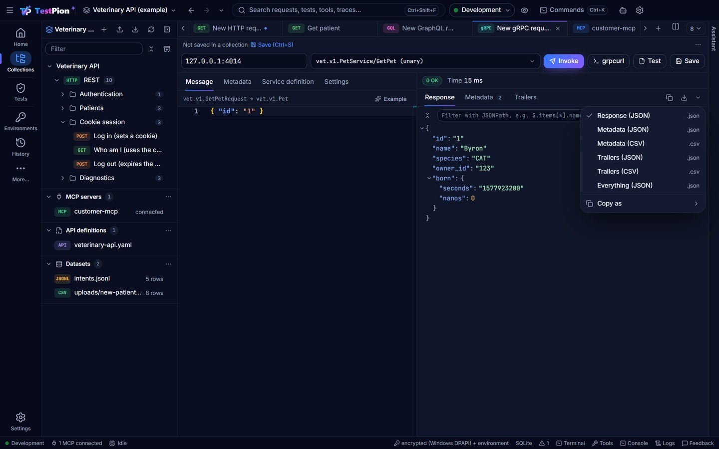 A gRPC call's response with the down arrow's ▾ menu open: Response (JSON), Metadata (JSON), Metadata (CSV), Trailers (JSON), Trailers (CSV) and Everything (JSON)