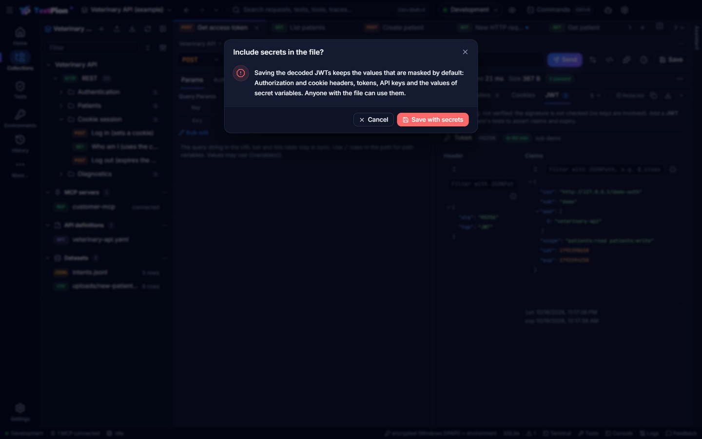 The question Include secrets in the file? over a response's JWT tab: the decoded tokens are saved with the values masked by default, with Cancel and Save with secrets