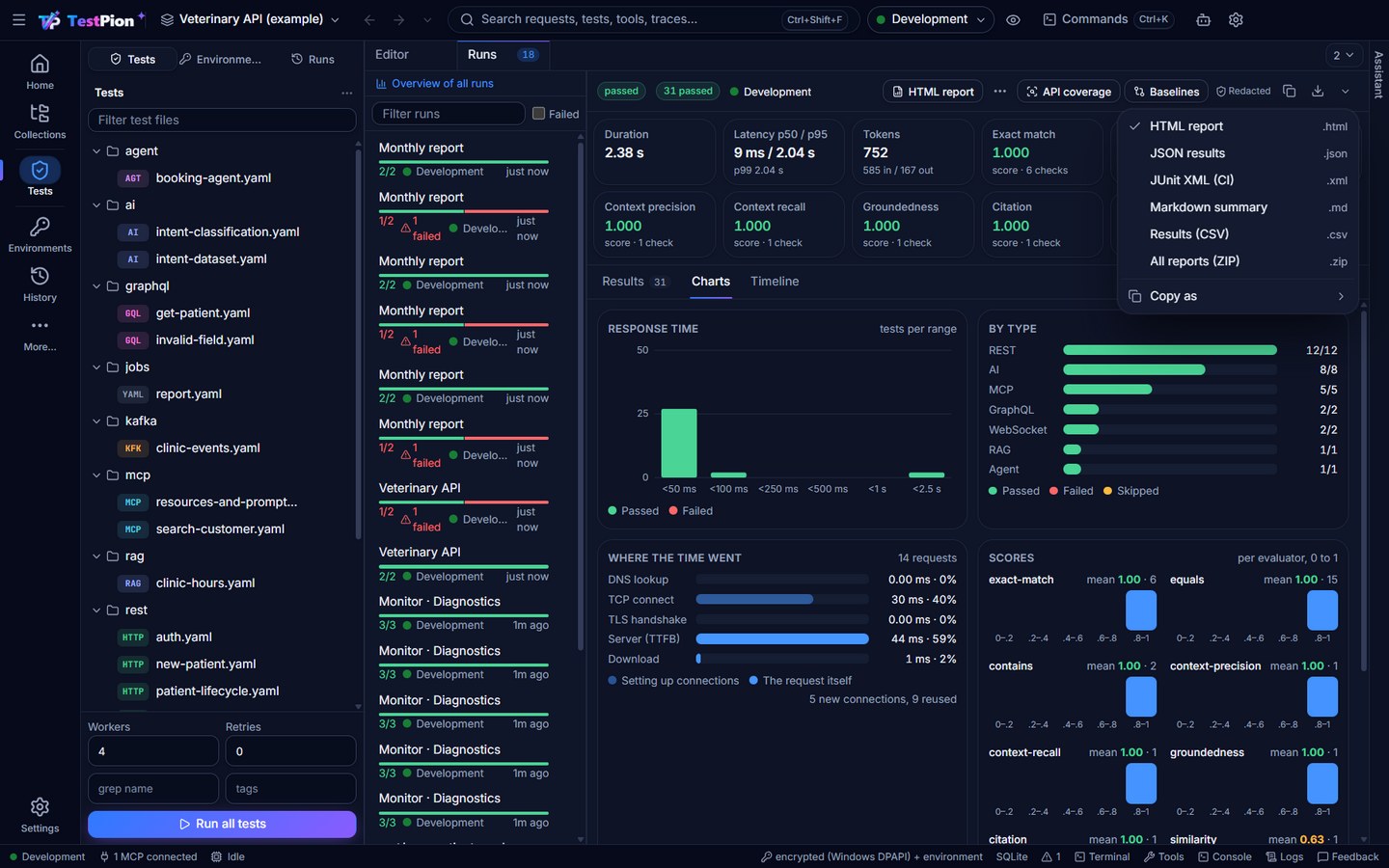 A test run's results with the ▾ menu open: HTML report, JSON results, JUnit XML (CI), Markdown summary, Results (CSV) and All reports (ZIP)