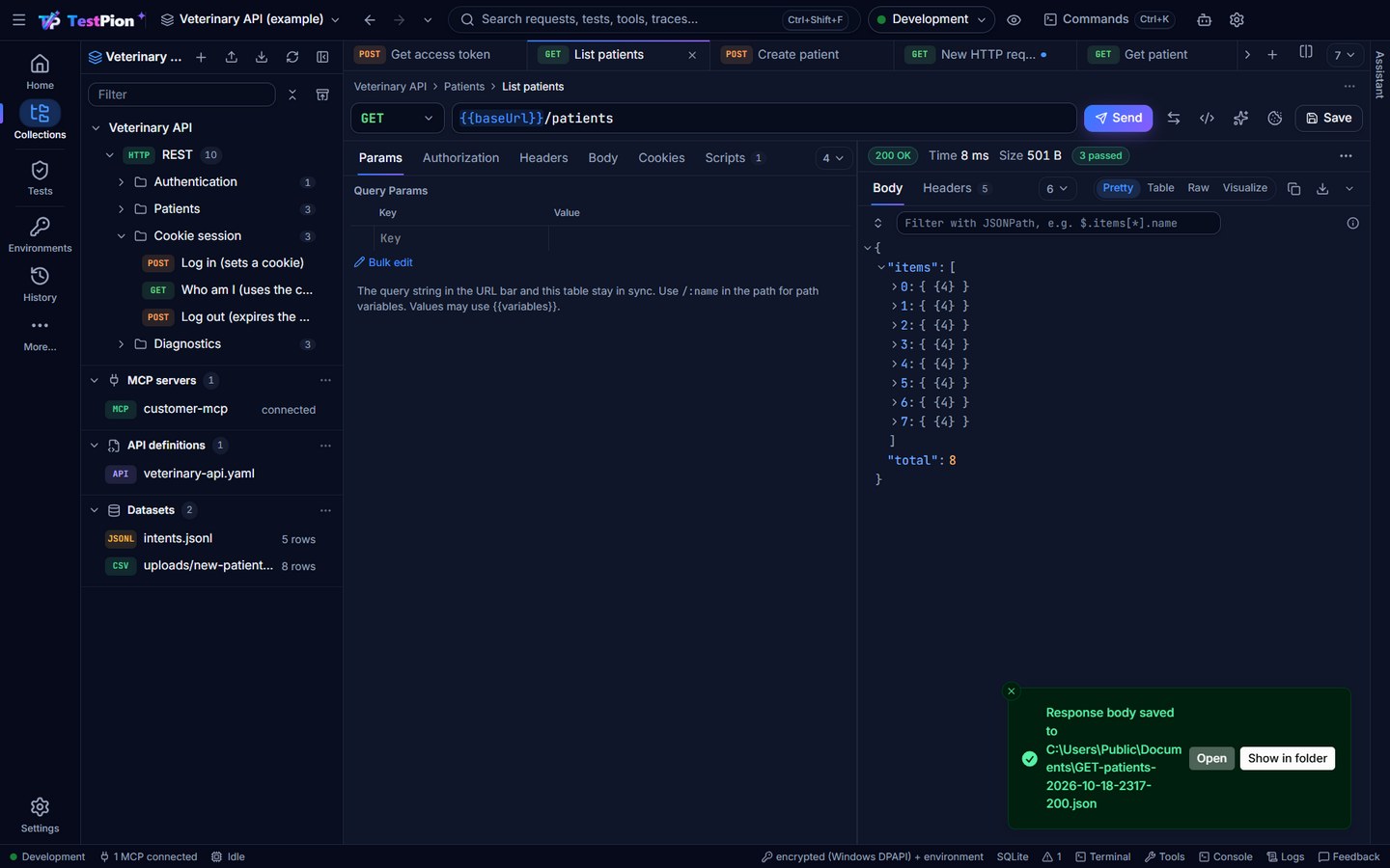 The message after a click on the down arrow: Response body saved to a .json file named after the request, its time and its status, with Show in folder and Open