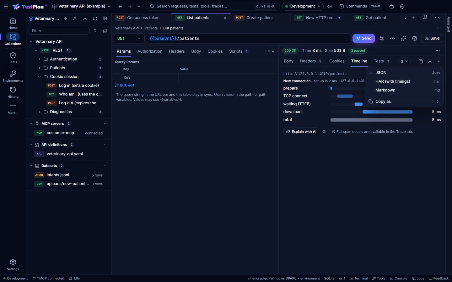 A response's Timeline tab with the down arrow's ▾ menu open: JSON, HAR (with timings) and Markdown