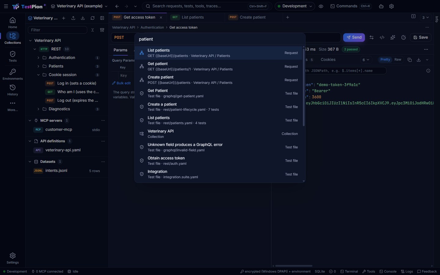 Quick Open (Ctrl+P) over a request: patient typed, the matching requests, test files and the collection, each with its kind