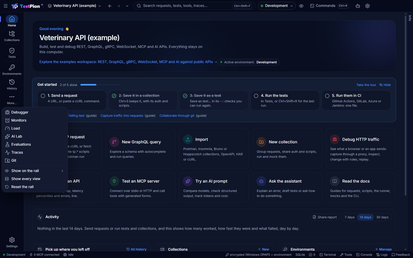 The rail with Home, Collections, Tests, Environments and History, and its More… menu open: Debugger, Monitors, Load, AI Lab, Evaluations, Traces and Git, then Show on the rail, Show every view and Reset the rail