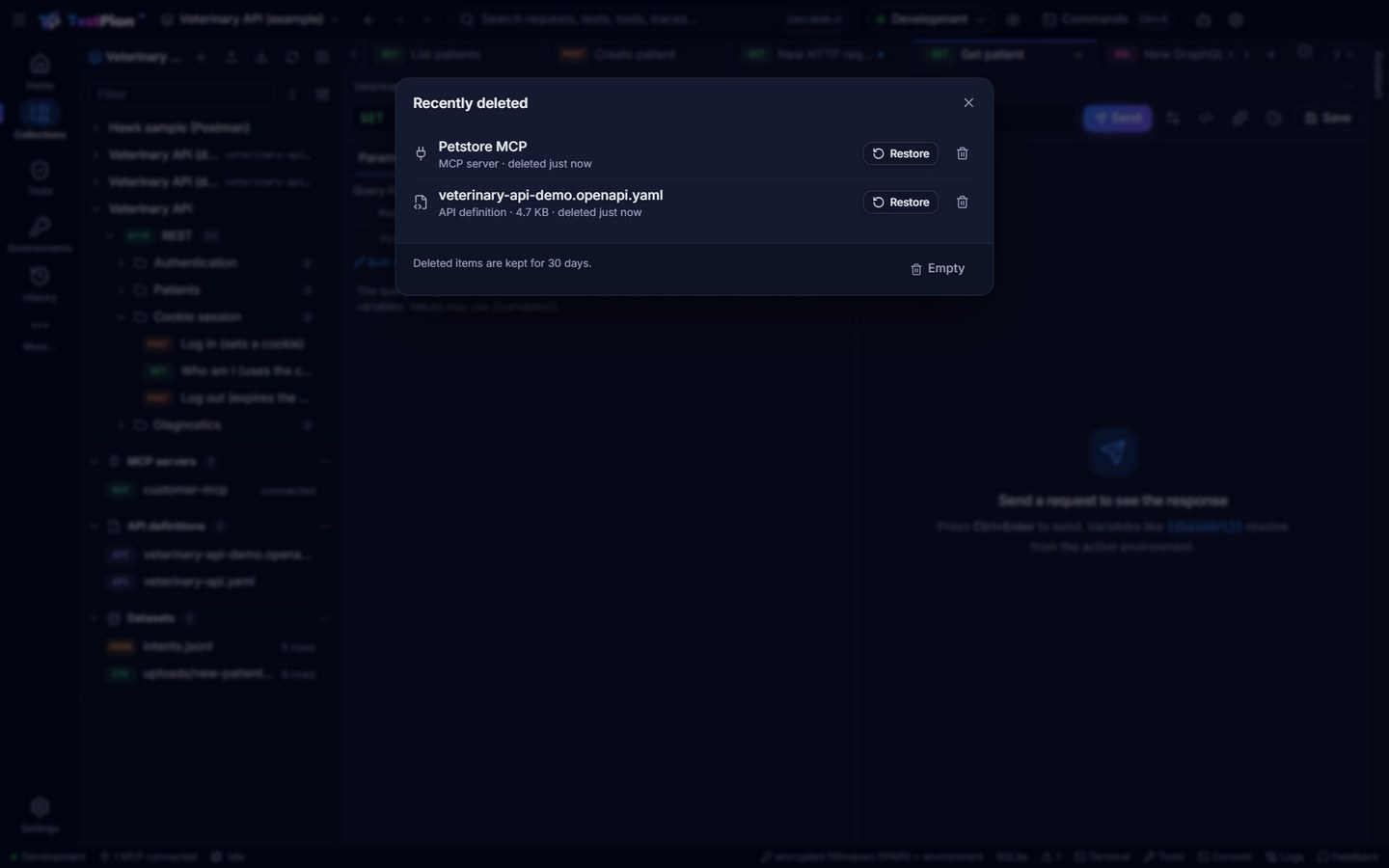 Recently deleted, opened from the Collections sidebar: a deleted MCP server and an API definition an import replaced, each with Restore and Delete for good