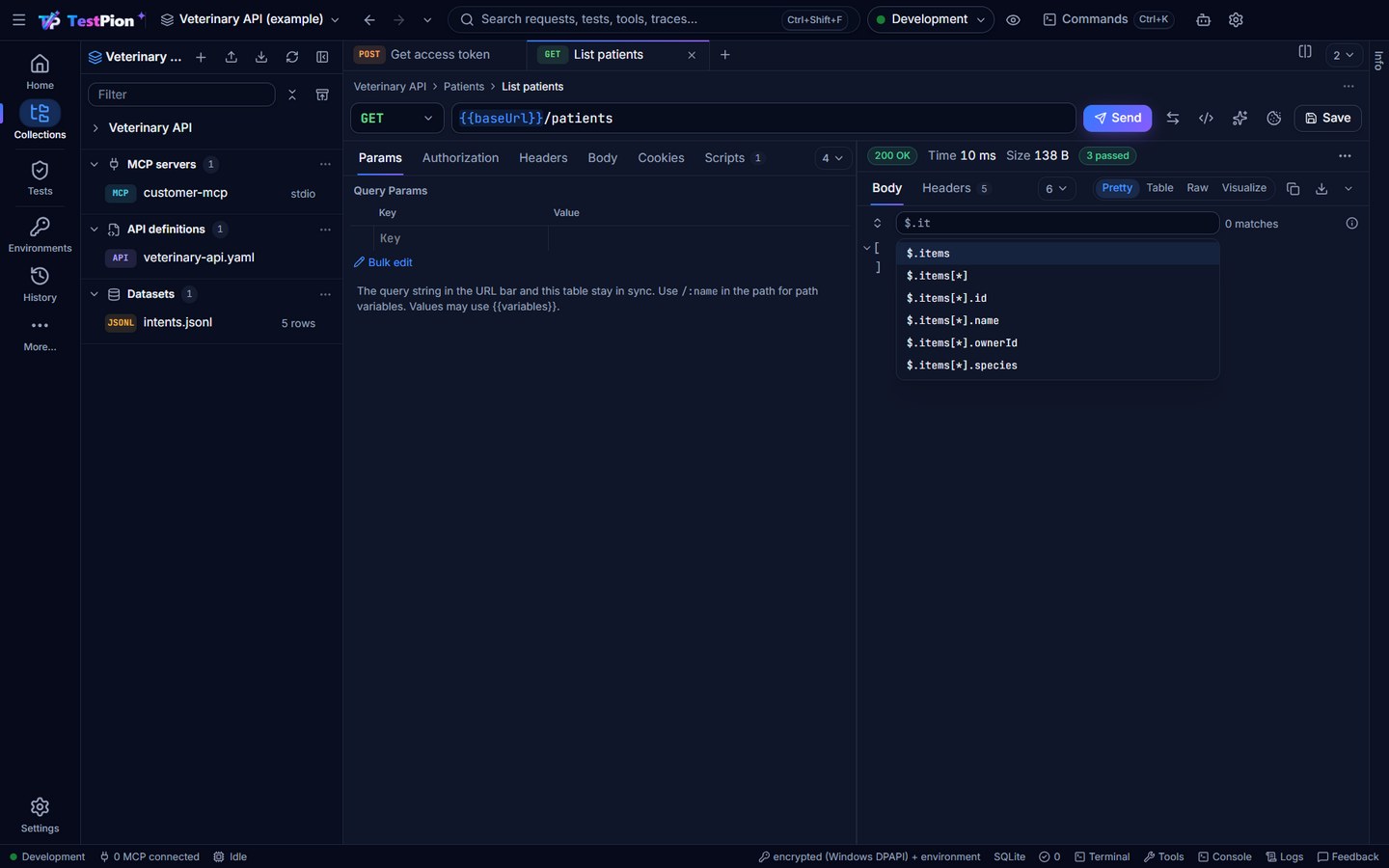 The JSONPath filter of a response with $.it typed: the suggestions $.items, $.items[*], $.items[*].id, name, ownerId and species, from the response itself
