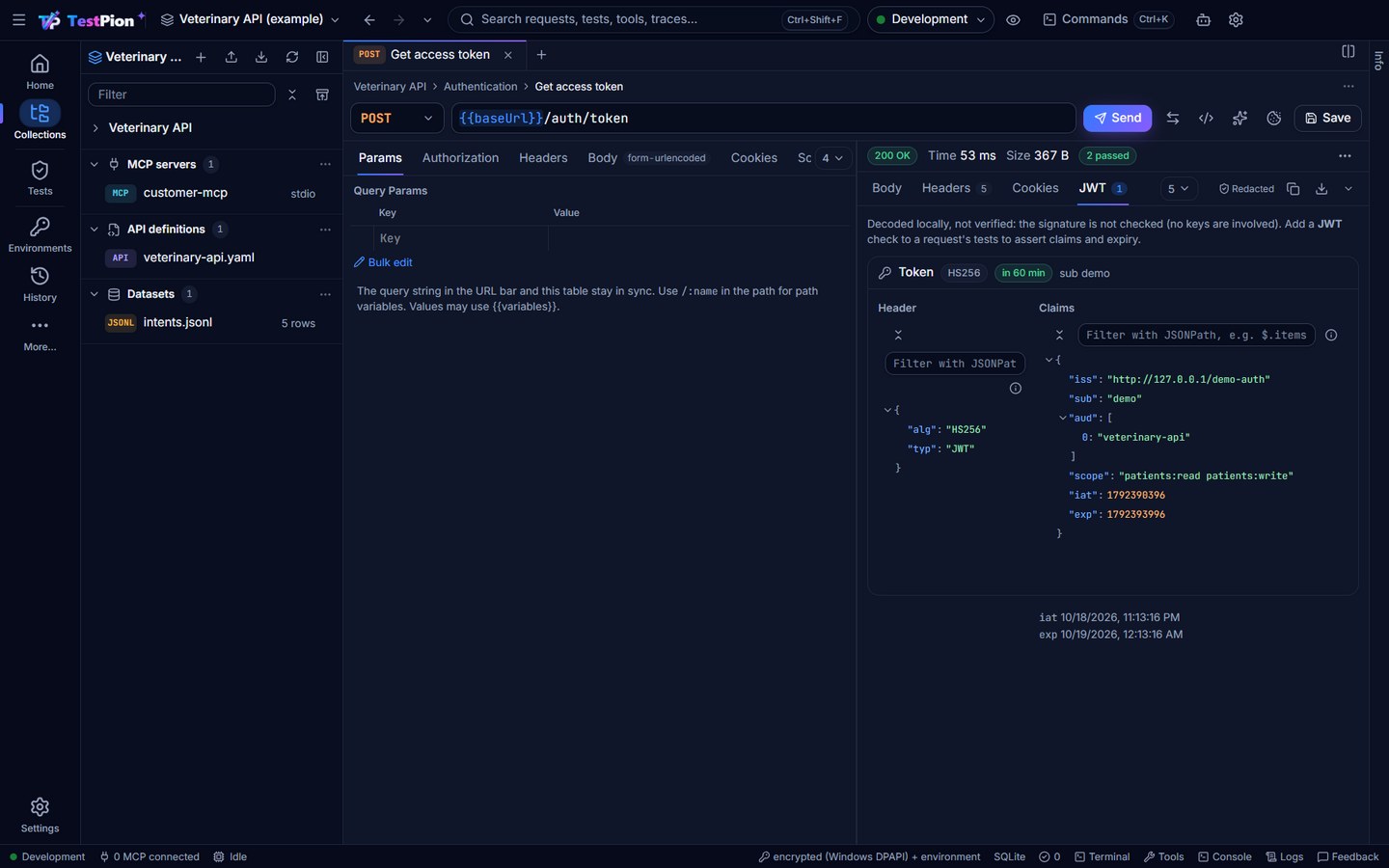 The JWT tab of a token response: the token's algorithm, when it expires, its header and claims, and when it was issued and expires
