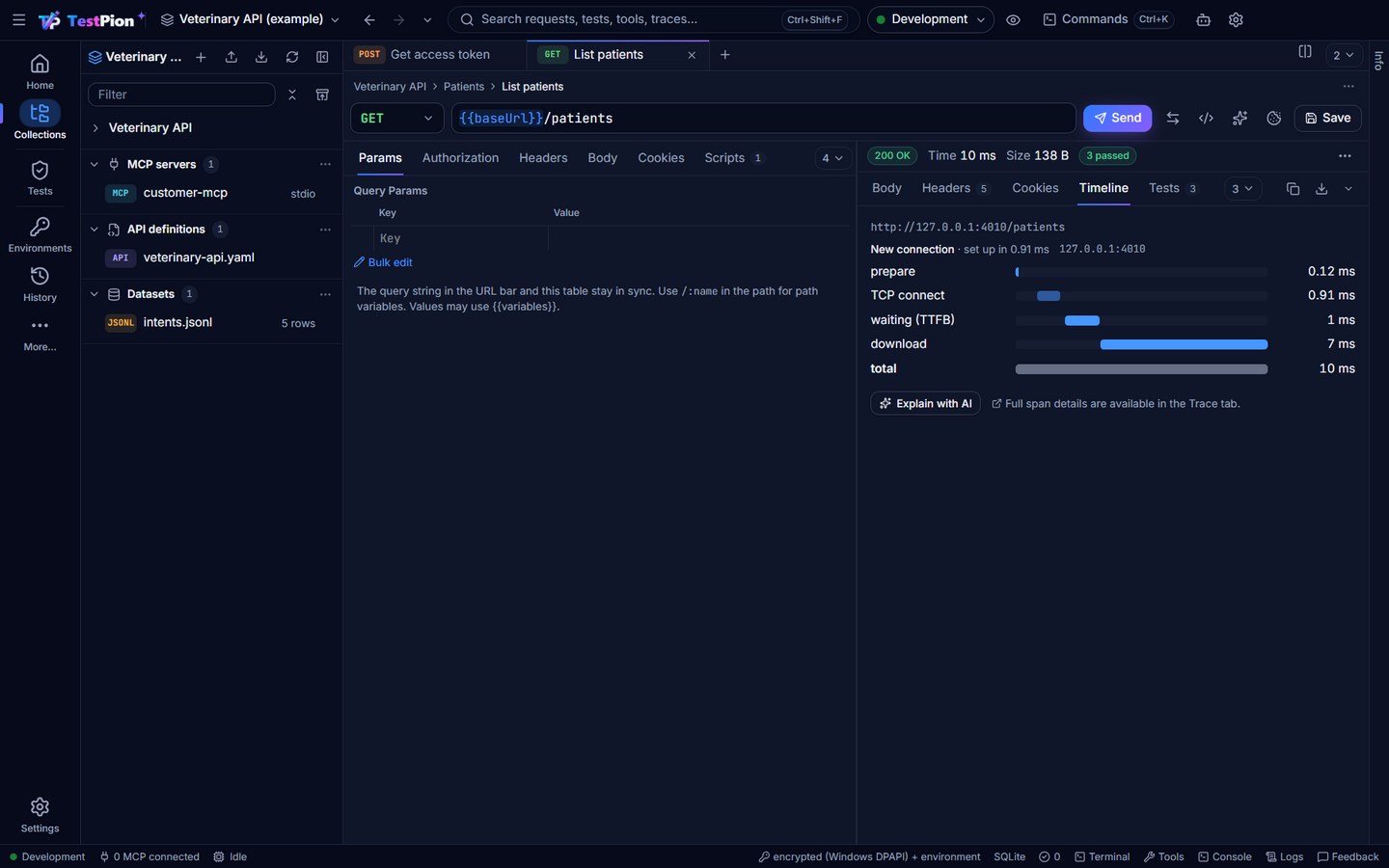 The Timeline of a response: a new connection, TCP connect, waiting for the first byte and download as a waterfall, with Explain with AI