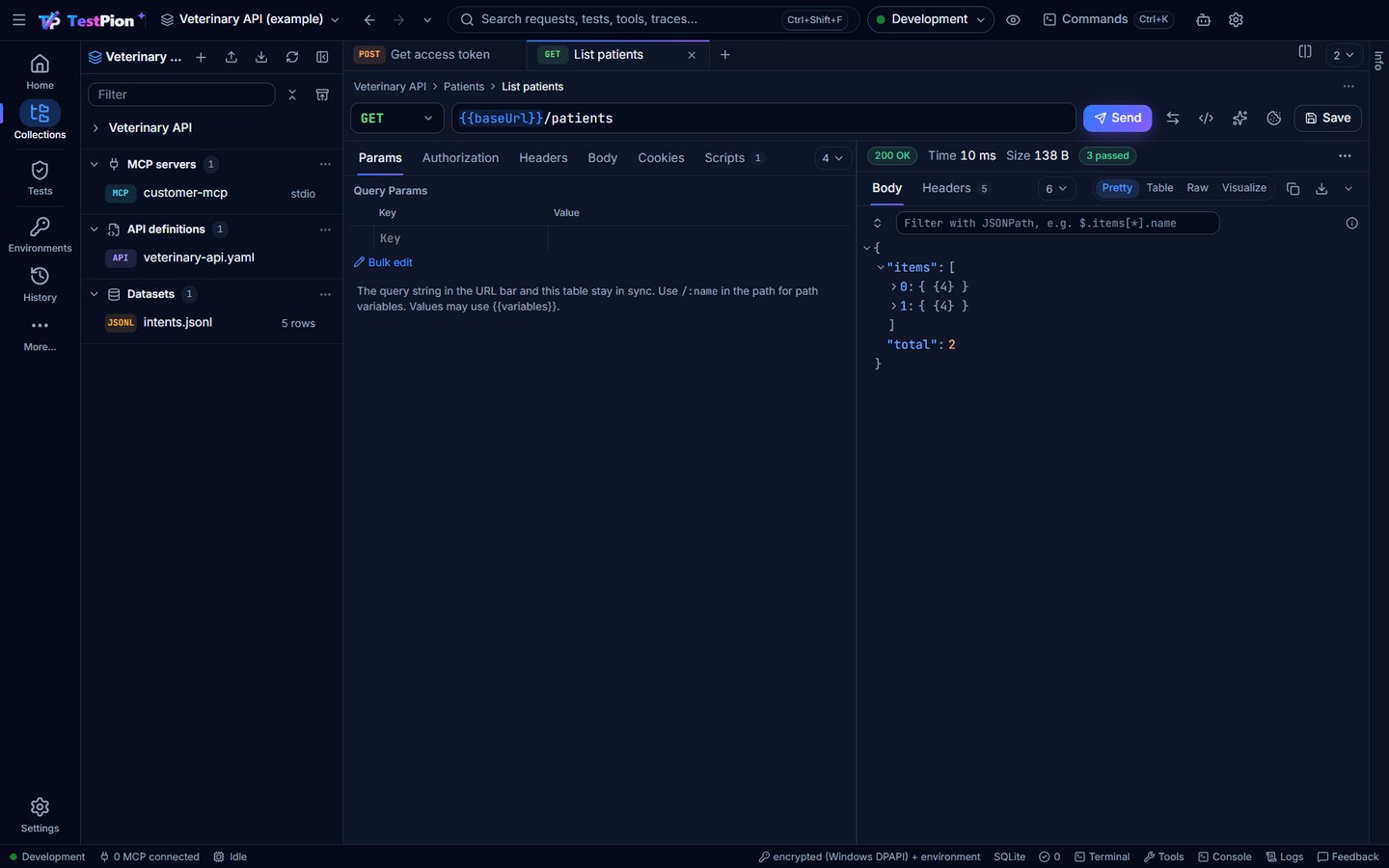 TestPion sending a GET request from the Veterinary API collection, showing a 200 response as a JSON tree and three passing assertions