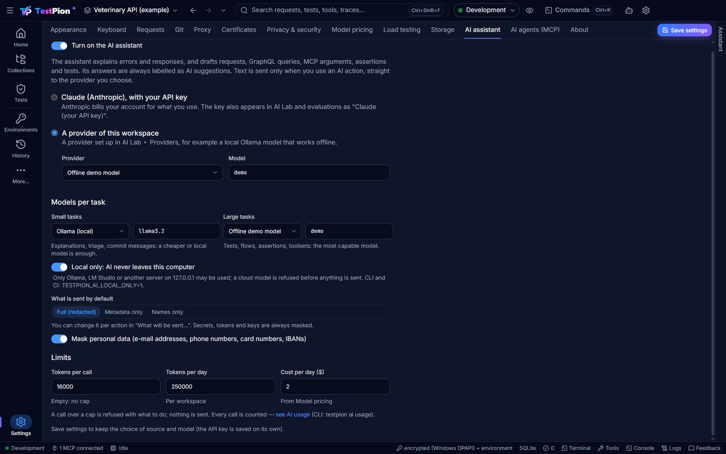 Settings, AI assistant: the assistant on with the offline demo model, Models per task with Ollama (local) for small tasks and the demo model for large tasks, Local only turned on, What is sent by default set to Full (redacted), Mask personal data, and the Limits: tokens per call, tokens per day and cost per day