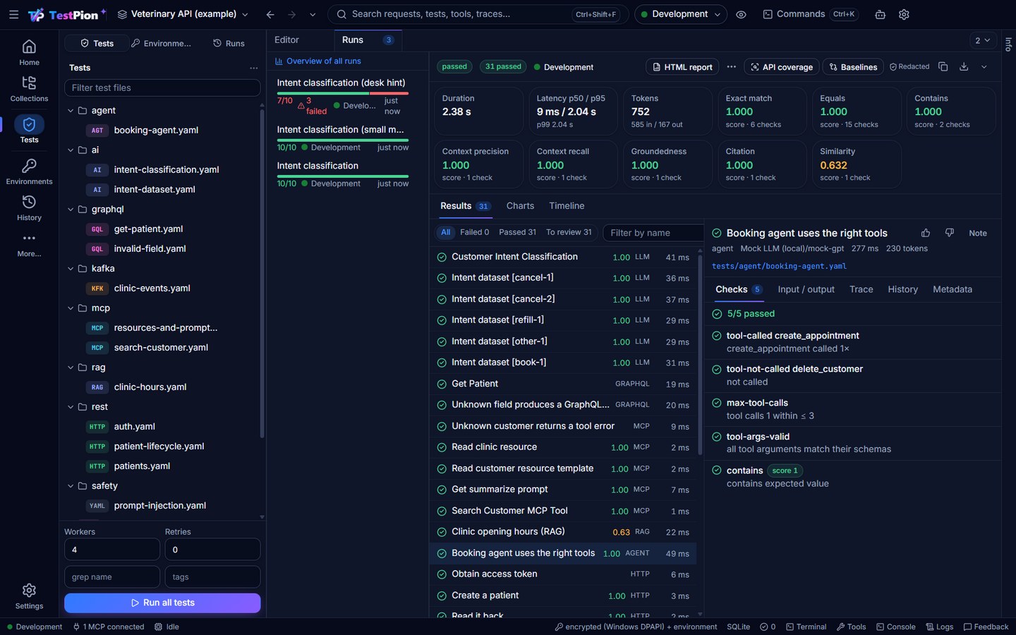 A test run of 22 REST, GraphQL, MCP, LLM, RAG and agent tests, all passing, with evaluation score cards