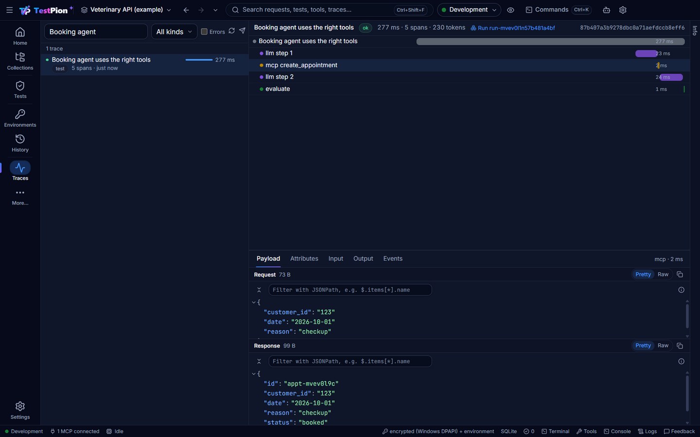 A trace waterfall of an agent test with LLM steps, an MCP tool call and evaluation