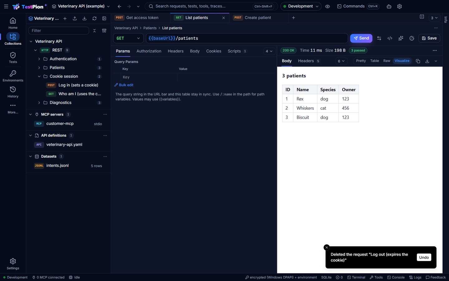 A request deleted from the Collections explorer: the message Deleted the request Log out (expires the cookie) with its Undo button, at the bottom right